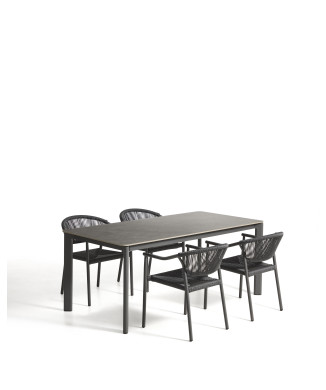 Ensemble table Anafi en pierre frittée et aluminium graphite et 4 chaises Livadia en aluminium graphite 180 x 90 cm