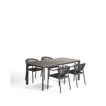 Ensemble table Anafi en pierre frittée et aluminium graphite et 4 chaises Livadia en aluminium graphite 180 x 90 cm