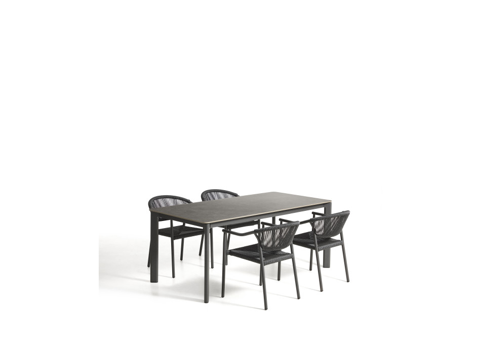 Ensemble table Anafi en pierre frittée et aluminium graphite et 4 chaises Livadia en aluminium graphite 180 x 90 cm