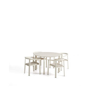 Ensemble Erice composé de 4 chaises empilables en aluminium et corde et d'une table en aluminium et verre trempé