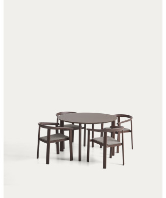 Ensemble Erice composé de 4 chaises empilables en aluminium et corde et d'une table en aluminium et verre trempé
