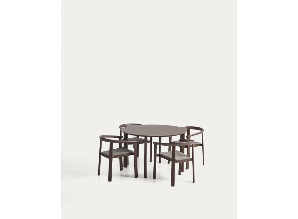 Ensemble Erice composé de 4 chaises empilables en aluminium et corde et d'une table en aluminium et verre trempé
