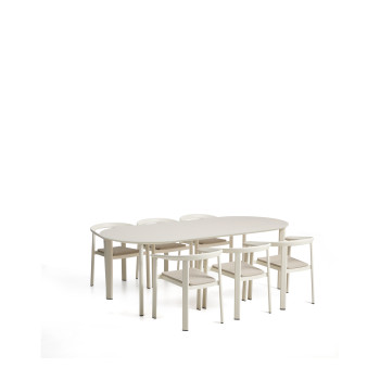 Ensemble Erice composé de 6 chaises empilables en aluminium et corde et d'une table en aluminium et verre trempé