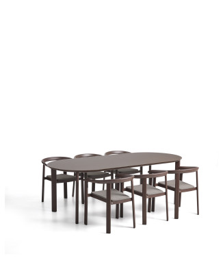 Ensemble Erice composé de 6 chaises empilables en aluminium et corde et d'une table en aluminium et verre trempé