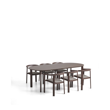 Ensemble Erice composé de 6 chaises empilables en aluminium et corde et d'une table en aluminium et verre trempé
