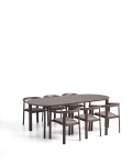 Ensemble Erice composé de 6 chaises empilables en aluminium et corde et d'une table en aluminium et verre trempé