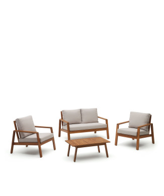 Ensemble Frares composé d'un canapé 2 places, de 2 fauteuils et d'une table basse en bois d'acacia massif