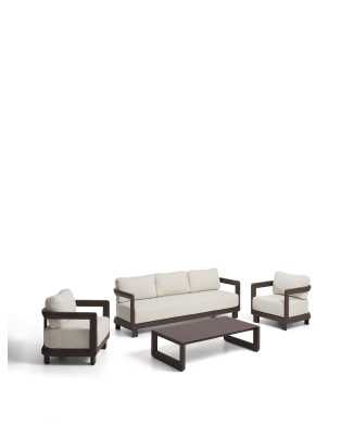 Ensemble Nerano comprenant un canapé 3 places, 2 fauteuils et une table basse en verre trempé et aluminium brun