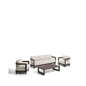 Ensemble Nerano comprenant un canapé 3 places, 2 fauteuils et une table basse en verre trempé et aluminium brun