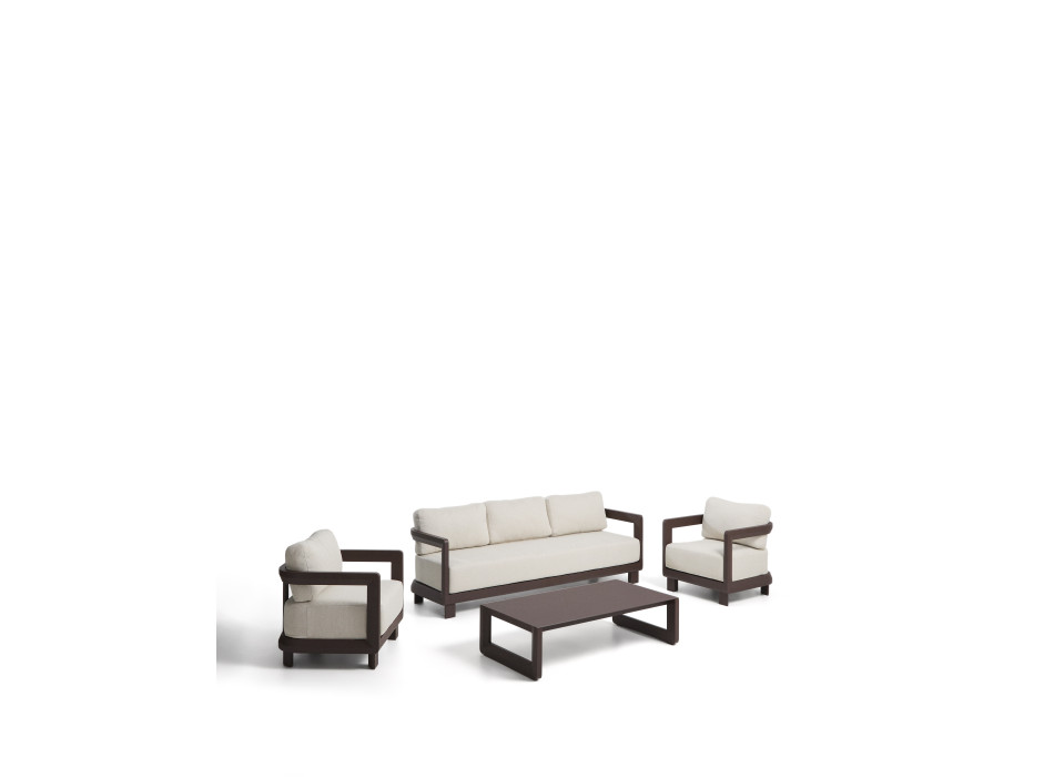 Ensemble Nerano comprenant un canapé 3 places, 2 fauteuils et une table basse en verre trempé et aluminium brun