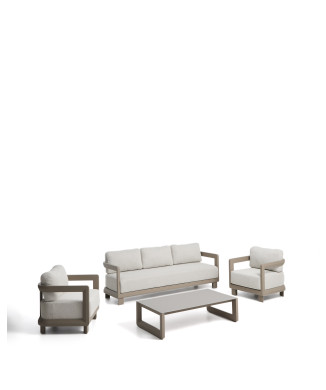 Ensemble Nerano comprenant un canapé 3 places, 2 fauteuils et une table basse en verre trempé et aluminium taupe