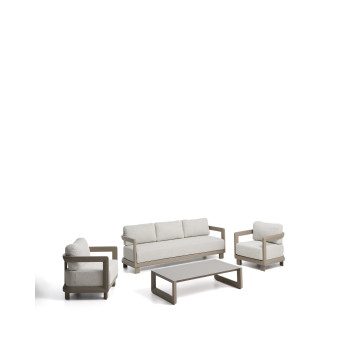 Ensemble Nerano comprenant un canapé 3 places, 2 fauteuils et une table basse en verre trempé et aluminium taupe