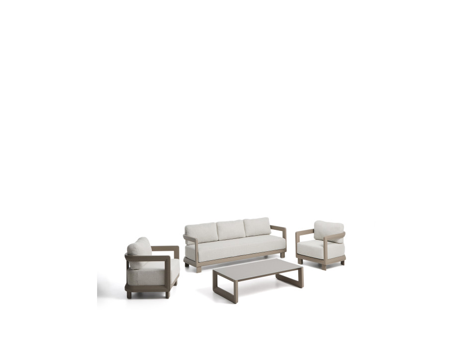 Ensemble Nerano comprenant un canapé 3 places, 2 fauteuils et une table basse en verre trempé et aluminium taupe