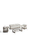 Ensemble Nerano comprenant un canapé 3 places, 2 fauteuils et une table basse en verre trempé et aluminium taupe