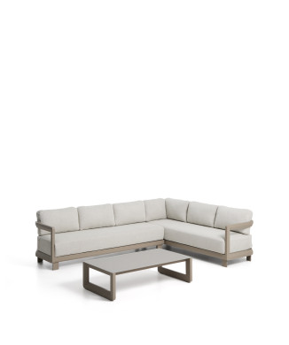 Ensemble Nerano comprenant un canapé d'angle 5 places et une table basse en verre trempé et aluminium taupe