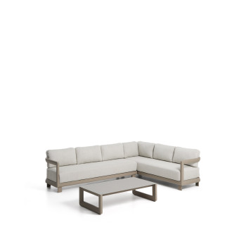 Ensemble Nerano comprenant un canapé d'angle 5 places et une table basse en verre trempé et aluminium taupe