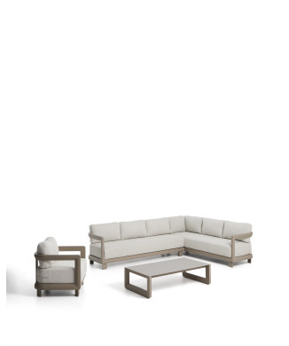 Ensemble Nerano comprenant un canapé d'angle 5 places, un fauteuil et une table basse en verre trempé et aluminium taupe