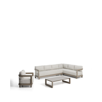 Ensemble Nerano comprenant un canapé d'angle 5 places, un fauteuil et une table basse en verre trempé et aluminium taupe