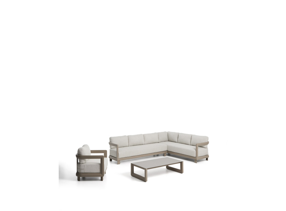 Ensemble Nerano comprenant un canapé d'angle 5 places, un fauteuil et une table basse en verre trempé et aluminium taupe