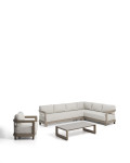 Ensemble Nerano comprenant un canapé d'angle 5 places, un fauteuil et une table basse en verre trempé et aluminium taupe