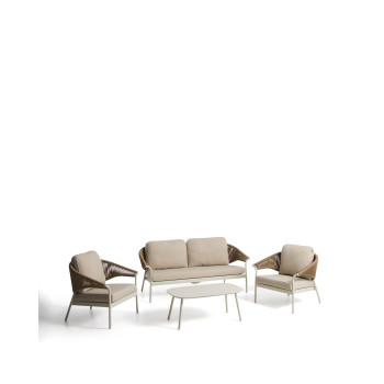 Ensemble Zuara comprenant un canapé 3 places, 2 fauteuils et une table d'extérieur en aluminium écru et corde synthétique marron.