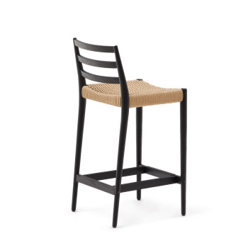 Tabouret Analy avec dossier en chêne massif finition noire et assise en corde de 7 cm