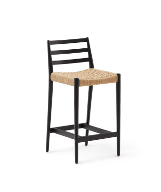 Tabouret Analy avec dossier en chêne massif finition noire et assise 70 cm en corde 100% FSC