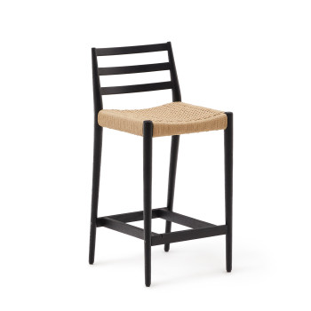 Tabouret Analy avec dossier en chêne massif finition noire et assise 70 cm en corde 100% FSC