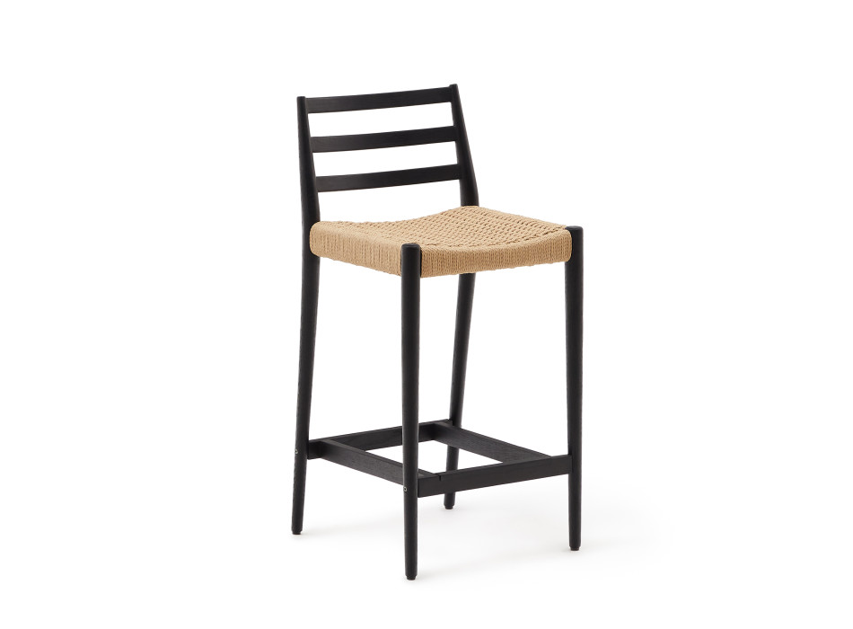 Tabouret Analy avec dossier en chêne massif finition noire et assise 70 cm en corde 100% FSC