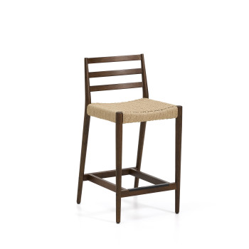 Tabouret Analy avec dossier en chêne massif finition noyer et assise en corde, 65 cm, certifié FSC 100%