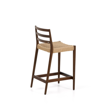 Tabouret Analy avec dossier en chêne massif finition noyer et assise en corde, 65 cm, FSC 100%