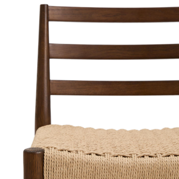 Tabouret Analy avec dossier en chêne massif finition noyer et assise en corde, 65 cm, FSC 100%