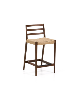 Tabouret Analy avec dossier en chêne massif finition noyer et assise en corde, 65 cm, FSC 100%