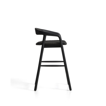 Tabouret Derile en chêne massif finition noire et corde en papier noir, certifié FSC Mix, 65 cm