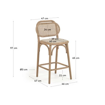 Tabouret Doriane, bois de chêne massif, finition naturelle, assise rembourrée, 65 cm