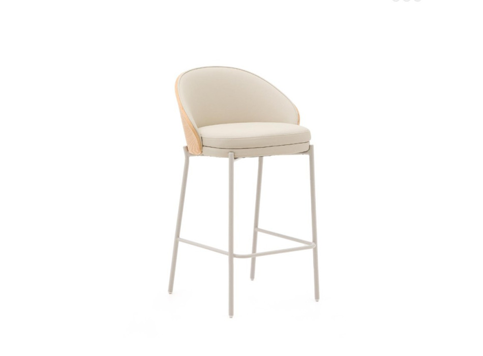Tabouret Eamy en similicuir beige, placage frêne, finition naturelle, 65 cm