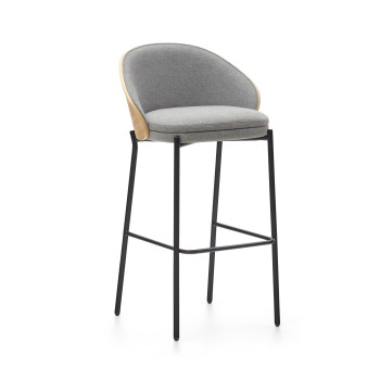 Tabouret Eamy en chenille gris clair avec placage en frêne et finition naturelle, métal noir, 77 cm