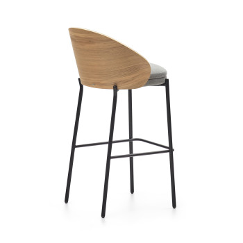 Tabouret Eamy en chenille gris clair avec placage frêne et finition naturelle, métal noir, 77 cm
