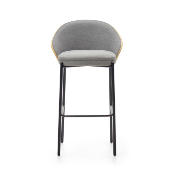 Tabouret Eamy en chenille gris clair avec placage frêne et finition naturelle, métal noir, 77 cm