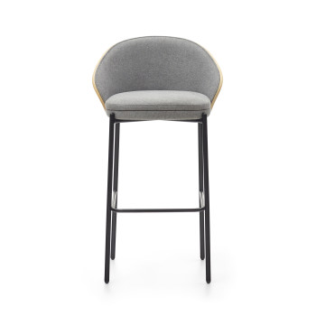 Tabouret Eamy en chenille gris clair avec placage frêne et finition naturelle, métal noir, 77 cm
