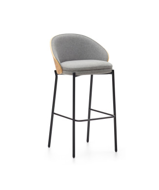 Tabouret Eamy en chenille gris clair avec placage en frêne et finition naturelle, métal noir, 77 cm