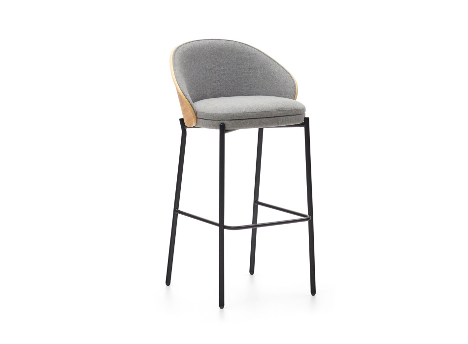Tabouret Eamy en chenille gris clair avec placage en frêne et finition naturelle, métal noir, 77 cm