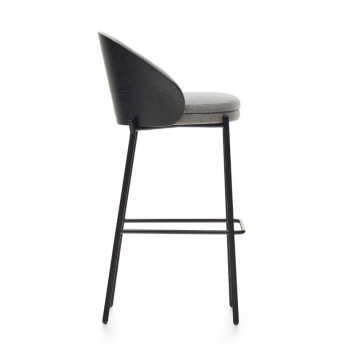 Tabouret Eamy en chenille gris clair, placage frêne, finition noire, métal noir, 75 cm
