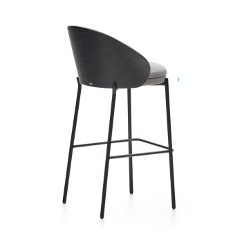 Tabouret Eamy en chenille gris clair, placage frêne, finition noire, métal noir, 75 cm