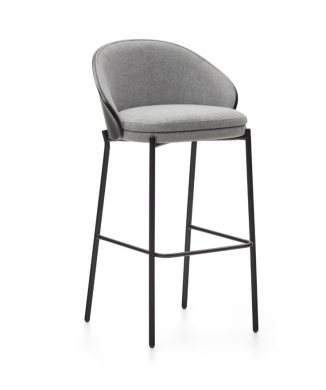 Tabouret Eamy en chenille gris clair, placage frêne, finition noire, métal noir, 75 cm
