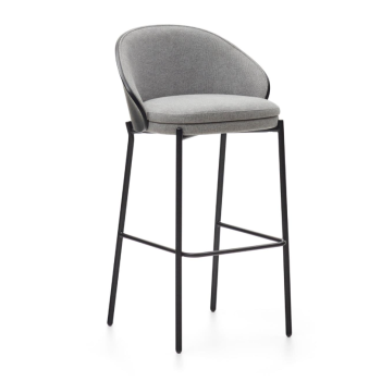 Tabouret Eamy en chenille gris clair, placage frêne, finition noire, métal noir, 75 cm