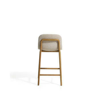 Tabouret Elnor en chenille beige avec pieds en chêne massif finition naturelle, 65 cm