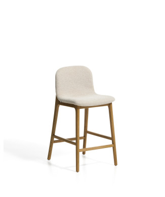 Tabouret Elnor en chenille beige avec pieds en chêne massif finition naturelle, 65 cm