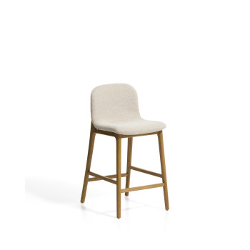 Tabouret Elnor en chenille beige avec pieds en chêne massif finition naturelle, 65 cm