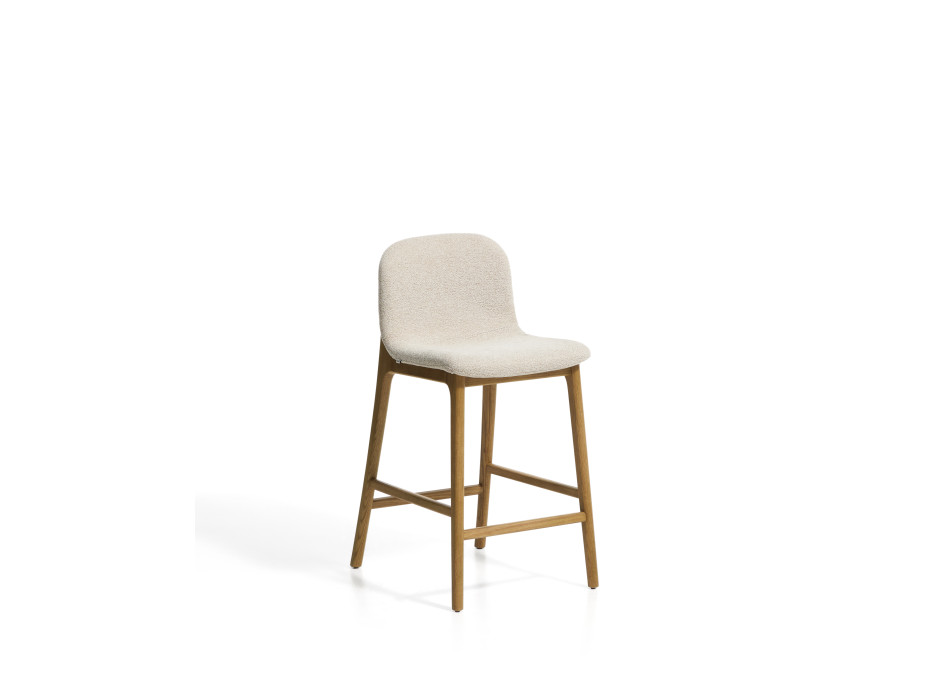 Tabouret Elnor en chenille beige avec pieds en chêne massif finition naturelle, 65 cm